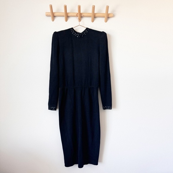 St. John Black Satin Bow Open Back Santana Knit Dress